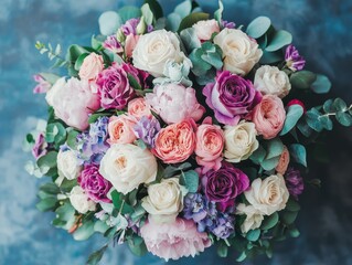 Beautiful arrangement of mixed flowers with vibrant colors including pink, purple, and white roses showcasing a delightful spring theme for decoration and gifts