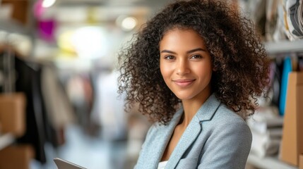 Young adult smiling at a warehouse holding a tablet while wearing a jacket