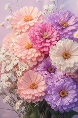 Fototapeta premium Beautiful Arrangement of Multi-Colored Zinnia Flowers with Delicate White Gypsophila on a Soft Pastel Background
