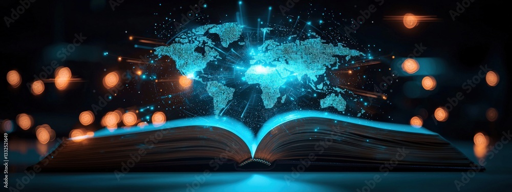 Poster an open book projecting a holographic map of the world.