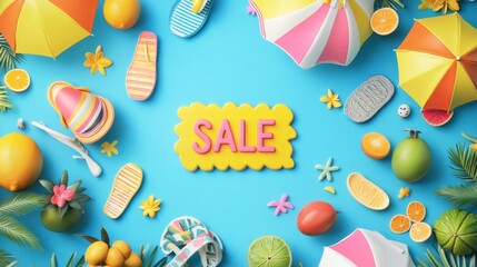 Playful summer sale banner beach digital art coastal environment aerial view beach umbrella fun