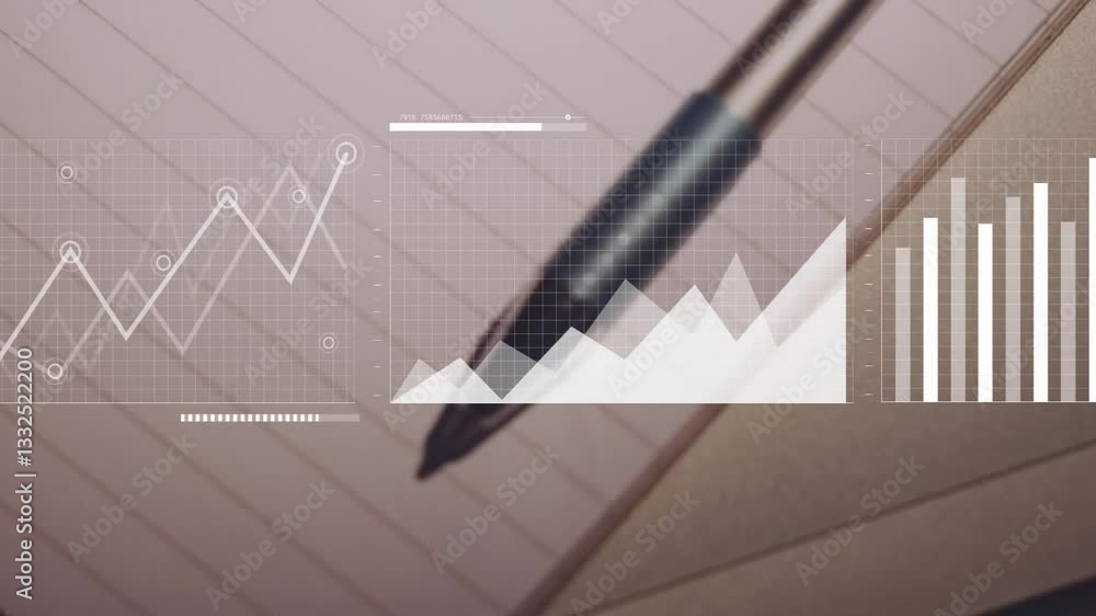 Poster pen resting on notebook with graph and bar chart overlay animation