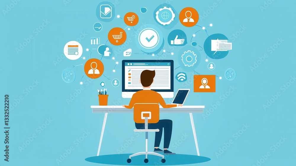 Aufkleber digital workspace with computer and symbols of online communication