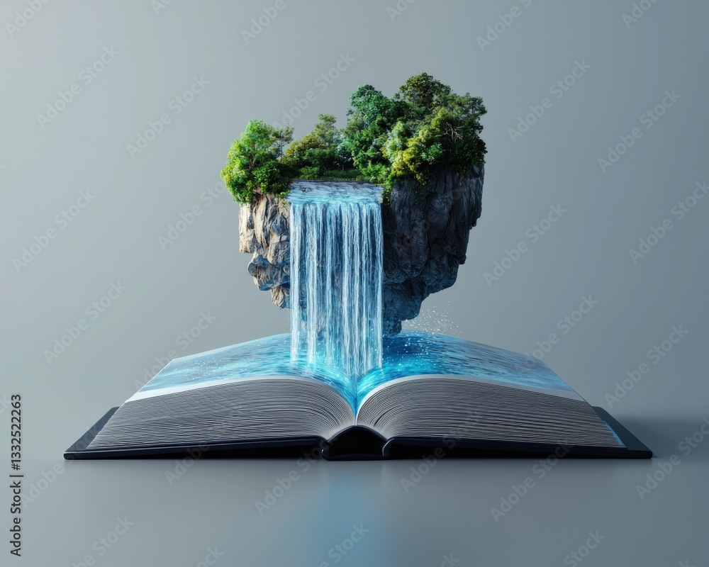 Poster an open book with its pages turning into a waterfall.