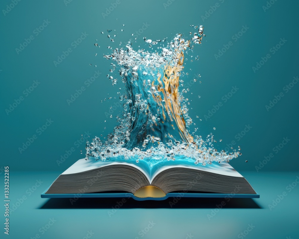 Poster an open book with its pages turning into a waterfall.