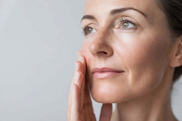 Mature middle age woman with hand on her cheek with natural skin and anti age skin cream.Macro.AI Generative.