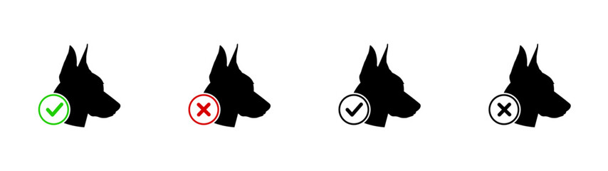 Dog head approval and rejection (linear tick and cross) icons in black and color. Vector icon