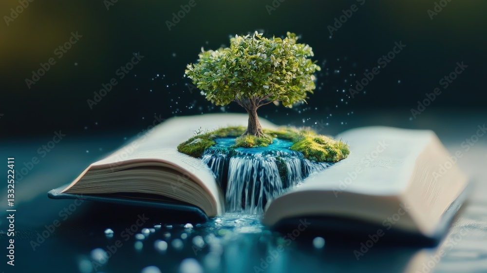 Poster an open book with tiny trees and waterfalls growing from its pages, symbolizing knowledge and nature