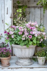 Beautiful arrangement of pink and purple flowers in a rustic pot, set against a weathered wooden backdrop with greenery, perfect for garden or home decor