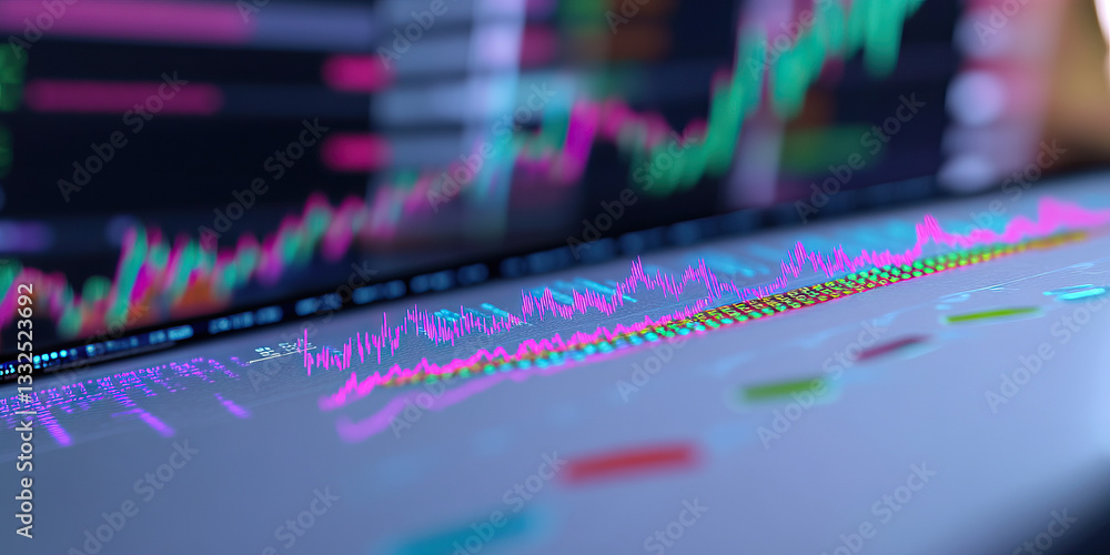 Poster financial data display: multicolored graphs and charts on computer screen