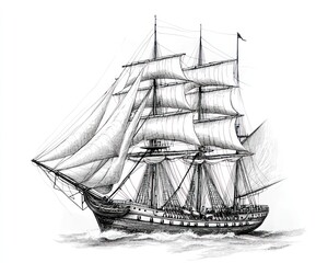 Clipper ship sailing ocean, calm sea background, nautical illustration, historical maritime art