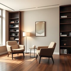 A hyper-realistic AI-generated interior design of a psychologist's consultation room. Two chairs, warm lighting, and minimalist decor create a professional yet calming atmosphere.