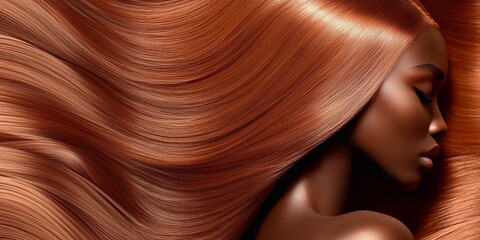 Beautiful afro american woman with long beautiful shiny silky red hair redhead woman for hair care products advertising banner.Macro.AI Generative.