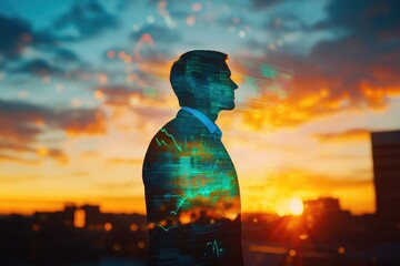 Silhouette of a businessman at sunset with superimposed data charts and graphs, symbolizing future business trends and technological integration.