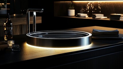 Obraz premium Modern kitchen sink with sleek design and lighting.