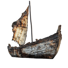 A Boat with Damaged Hull and Torn Sails Burned Out Isolated on Transparent Background