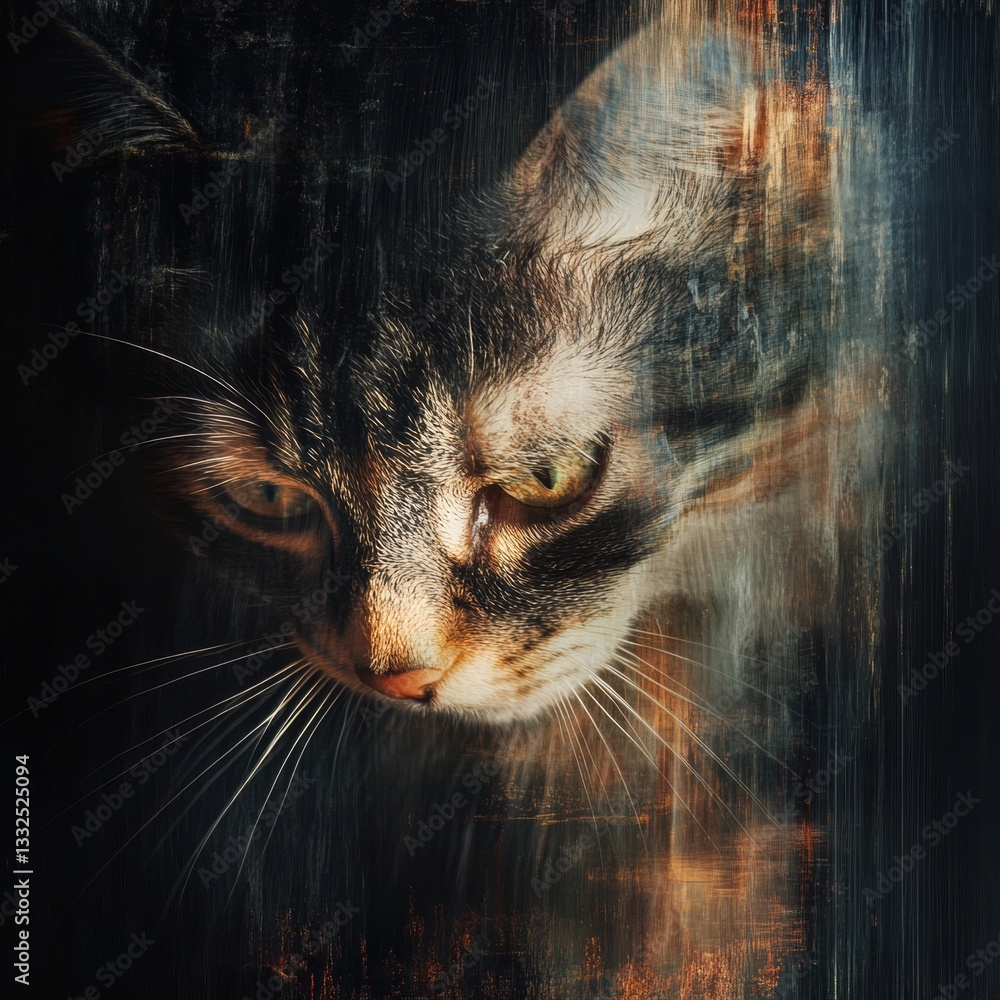 Poster striking feline portrait featuring a tabby cat with intense gaze and abstract background