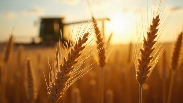 Wheat stalks glowing in the sunset with a combine harvester in the background