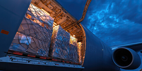 Palletized Cargo Loaded in Military Transport Aircraft at Dusk