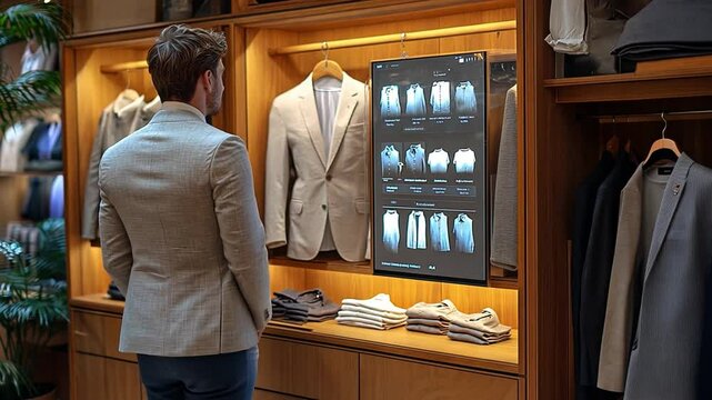 A man browsing digital clothing displays in a modern retail store showcasing men's fashion