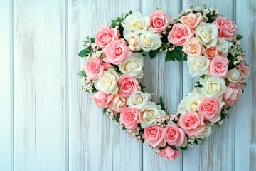 Heart shaped wreath made of pink and white roses for decoration Generative AI
