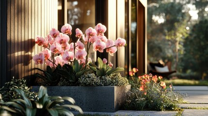 Modern home exterior with lush pink orchids and greenery