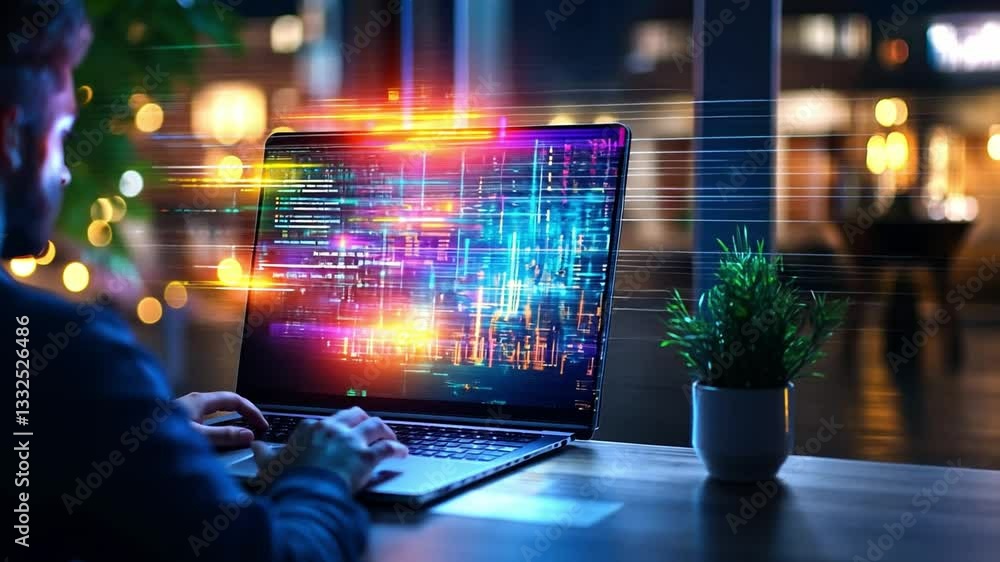 Poster man working on laptop with colorful digital displays at night in a modern urban setting