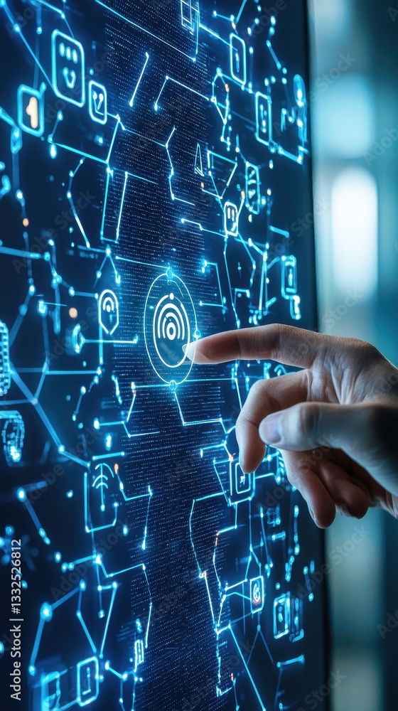 Poster hand interacting with digital interface of network connections and icons