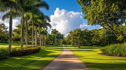 A scenic pathway winds through a lush country club in Coral Gables, surrounded by towering trees, tropical vegetation, and a brilliant blue sky
