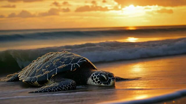 A black leatherback sea turtle is lying on the beach, ocean waves lapping behind it. V1