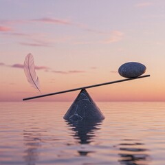 Balanced Scale with Feather and Stone at Sunset over Water
