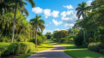 A scenic pathway winds through a lush country club in Coral Gables, surrounded by towering trees, tropical vegetation, and a brilliant blue sky