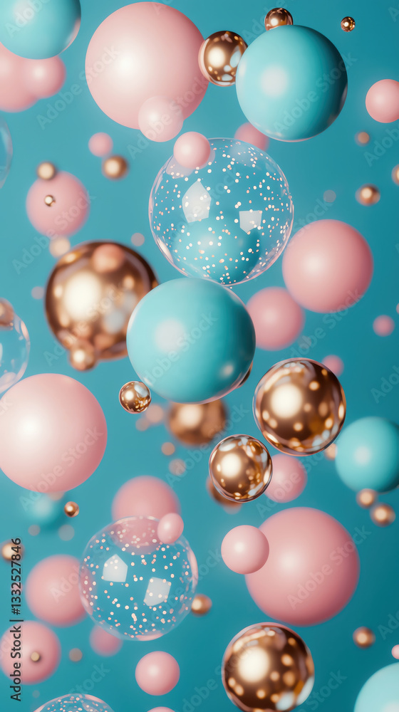 Poster colorful abstract spheres floating in vibrant atmosphere, creating playful scene