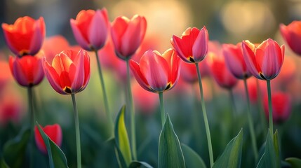 Naklejka premium Glowing Red Tulips in Soft Golden Sunset Light