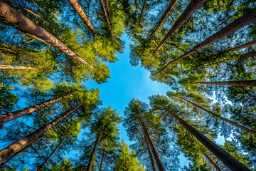 Fototapeta premium A breathtaking upward view of tall pine trees forming a natural frame around the blue sky, showcasing the beauty of nature