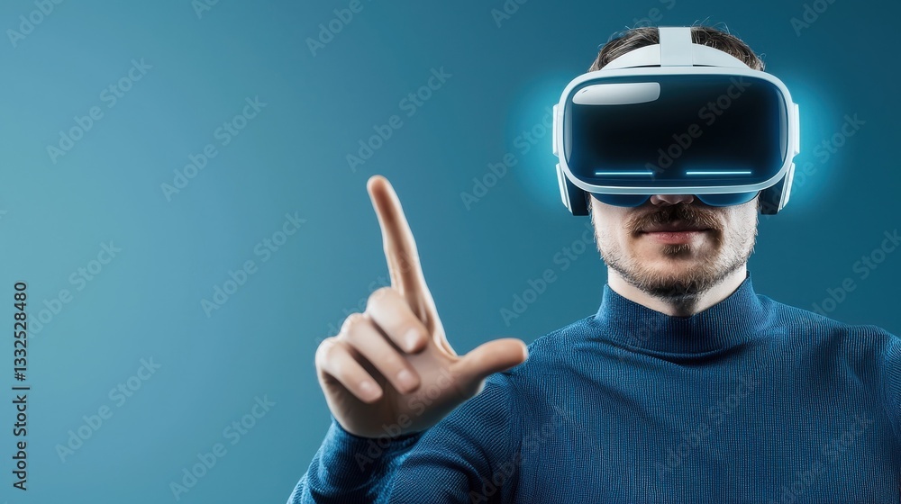 Poster man using virtual reality headset in modern style indoor setting