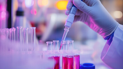 A scientist carefully pipettes a sample into a vial, conducting DNA testing and genetic research