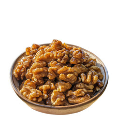 A bowl of caramelized walnuts against the backdrop of a beautiful mountain view Transparent Background PNG
