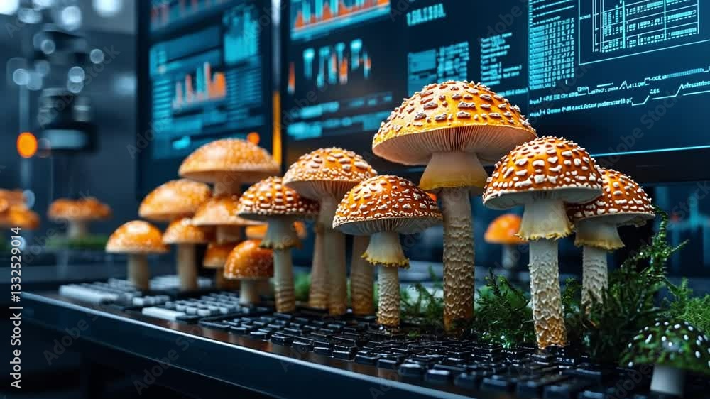 Aufkleber mushrooms growing on a computer keyboard in a modern lab setting during nighttime