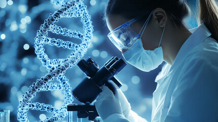 A scientist conducts biotechnology research under a microscope, with an overlay of DNA strands and molecular structures symbolizing genetic engineering
