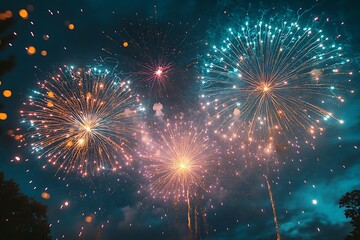 Obraz premium Blue and Gold Fireworks Night Event Background