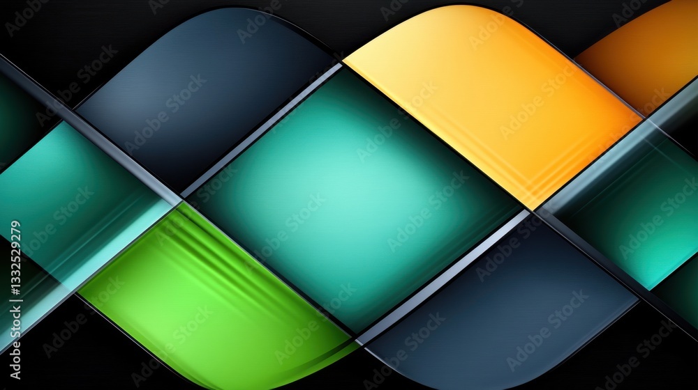 Poster geometric wave pattern with a blend of emerald green, dark navy, and warm gold, complemented by inte
