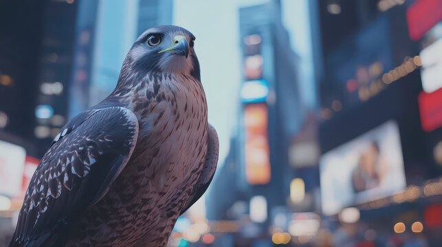 Hawk perched in Times Square with vibrant billboards showcasing urban life, perfect for wildlife and cityscape photography enthusiasts