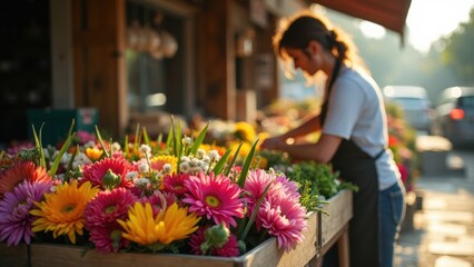 Woman is working at a flower stand, arranging flowers in a wooden crate. The flowers are colorful and vibrant, creating a cheerful