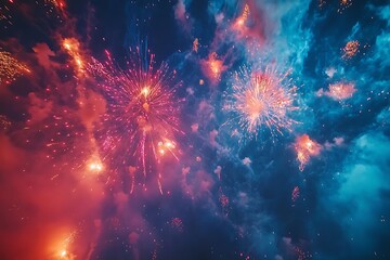 Blue and Orange Fireworks Explosion Sky Design