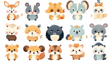 Cute cartoon animals set. A collection of adorable, chubby woodland animals in a kawaii or baby-friendly style