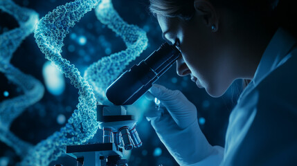 A scientist conducts biotechnology research under a microscope, with an overlay of DNA strands and molecular structures symbolizing genetic engineering