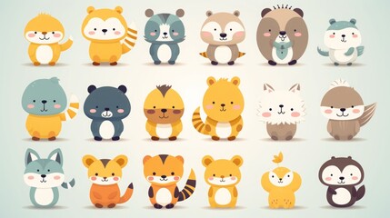 Obraz premium Cute cartoon animals set. A collection of adorable, chubby woodland animals in a kawaii or baby-friendly style 