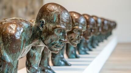Fototapeta premium Athletic determination urban sculpture of leaning bronze athletes in performance sports
