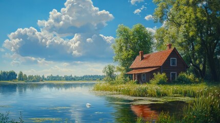 Naklejka premium Idyllic lakeside cottage with lush greenery and white clouds on a sunny day